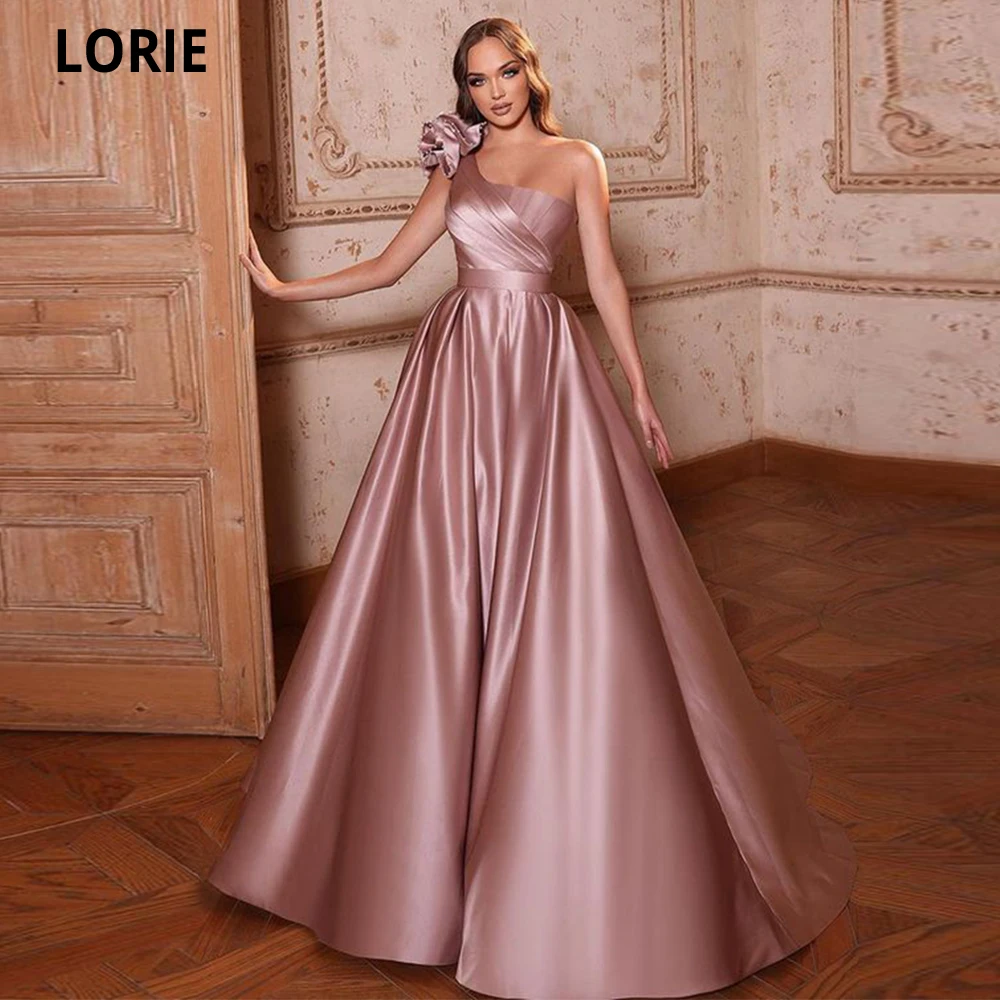 

LORIE Dusty Pink Satin Prom Dresses 2023 Long Pleat With 3D Flowers Vintage A-line Vestidos Para Mujer Gala Evening Party Gowns