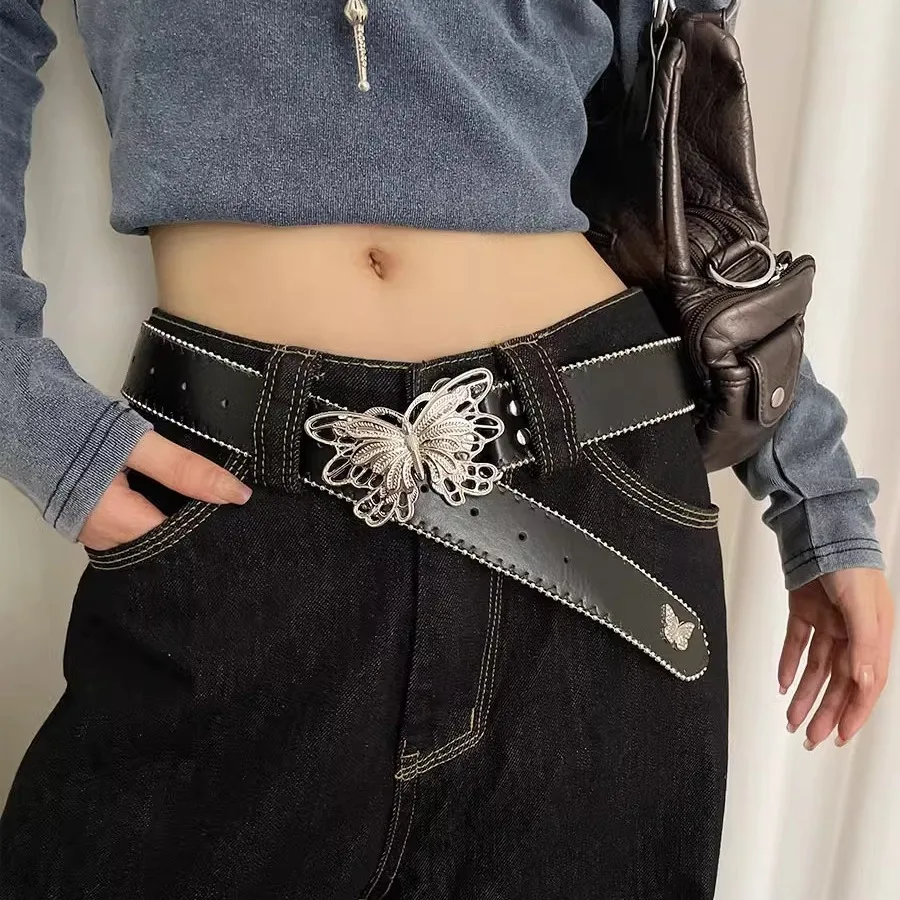 

Metal Vintage Punk Gothic Y2K Diamond Butterfly Belt Buckle Design Hollow Women Belt PU Waistband Jeans Pants Decorative Belt