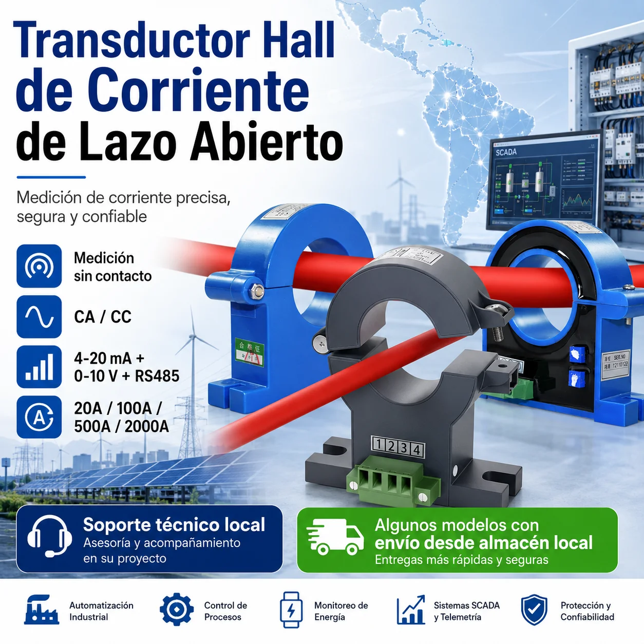 Hall Effect Current Sensor Open Loop Current Transducer Solid Core Clamp-on DC AC Non-Contact Current Transmitter 4-20mA 0-10V