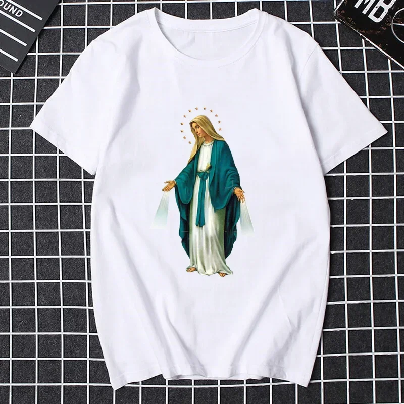 Summer Men Women Short Sleeve O-Neck Unisex Tee Shirt Tops Guadalupe Virgin Mary The Madonna Religious Cotton Graphic Tshirt