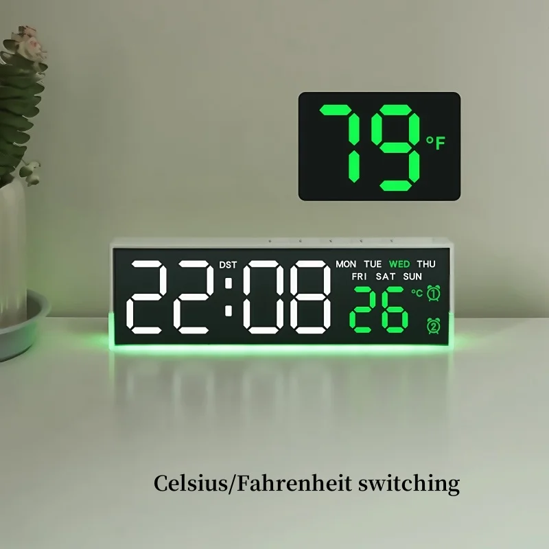 USB-betriebener digitaler Wecker mit Stimmungslicht, TEMP, Datum, Woche, 2 Alarme, automatisch dimmbar, Schlummer-Tischuhr, 12/24 Stunden, DST-LED-Uhr – Detail 12