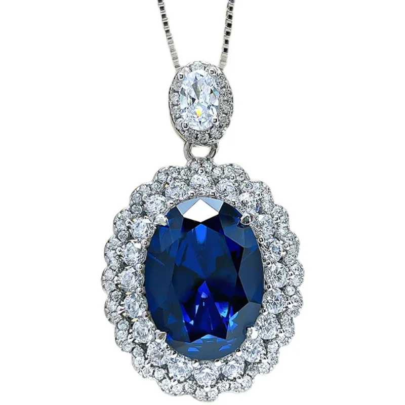 100% 925 Sterling Silver Necklace for Women's Retro High Grade Colorful Treasure Pendant Red and Blue Treasure Wedding Jewelry