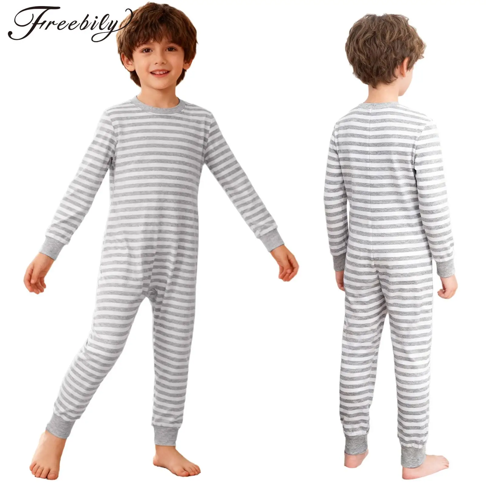 Image of Adaptive Kleidung für Kinder mit besonderen Bedürfnissen, langärmelig, in voller Länge, Anti-Streifen-Reißverschluss hinten, gestreifter Overall, Nachtwäsche für Jungen und Mädchen