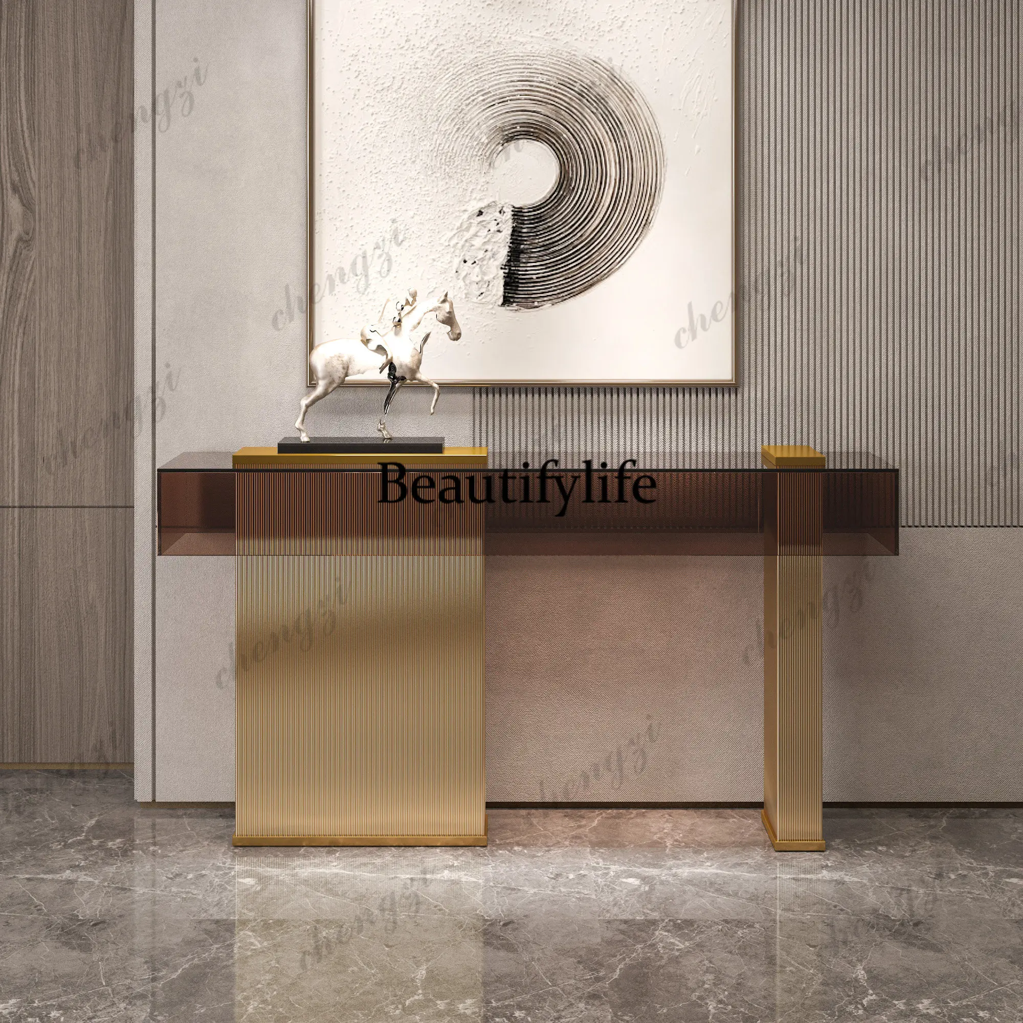 Light luxury stainless steel entrance platform, Italian wall strip in the living room, modern European style entrance cabinet