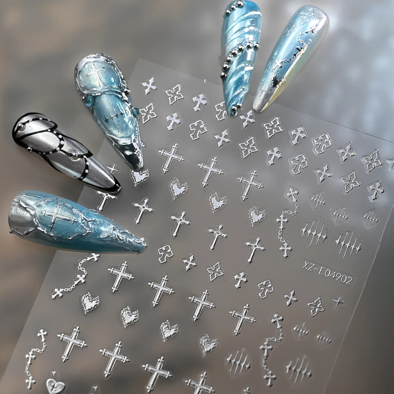6 Stück/Set Metall Gold Kreuz Sternenlicht Nagelaufkleber Y2K 3D Glänzender Mond Stern Nagelsticker 8*10cm Selbstklebende Kreuz-Nageldekoration # 8 – Detail 5