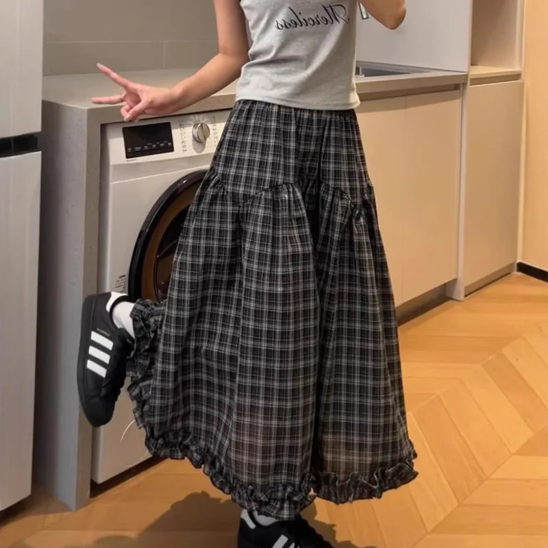 Rok Gaun Kotak-kotak Wanita Musim Panas Y2K Rok Kue Kotak-kotak Renda Retro Korea Rok Setengah Panjang Penutup Daging Rok A-line Baru