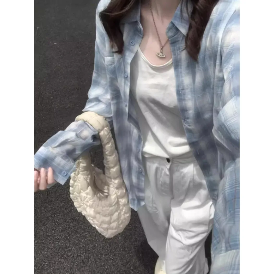 

Свободная женская рубашка в корейском стиле в клетку, новинка весна-лето, с длинным рукавом, повседневный топ, из смесового хлопка и полиэстера