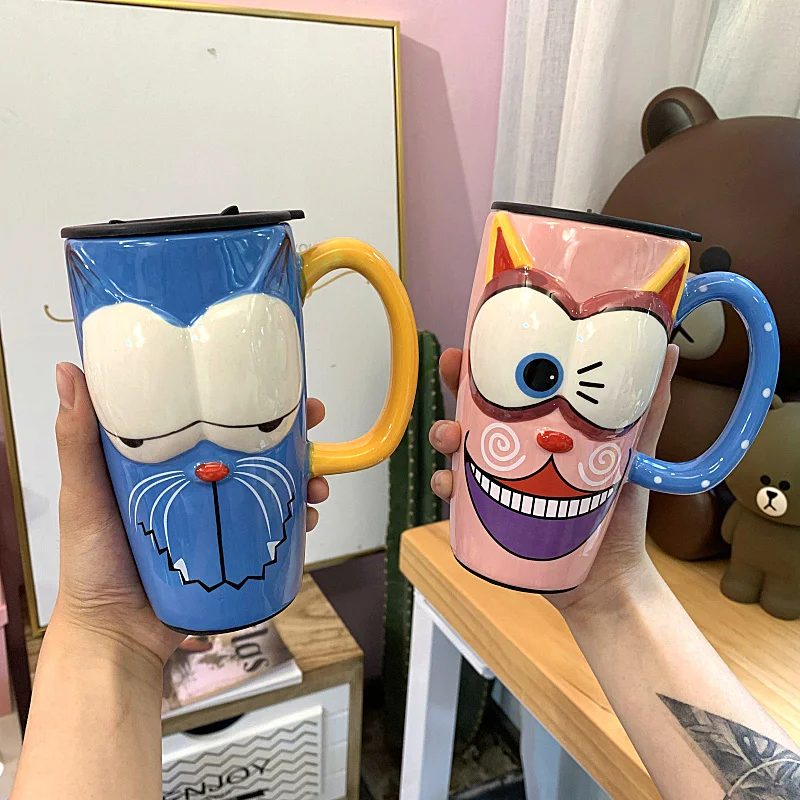 Hand-painted Mug Large Capacity 550ml Joker Cat Cartoon Painted Mug With Lid And Spoon Breakfast Milk Cup