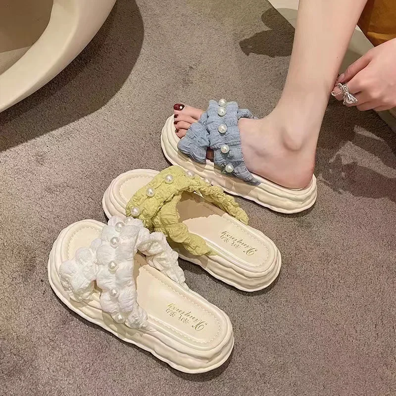 Women Ruffle Pearl Slide Sandals Thick Platform Soft Sole Summer Non Slip Beach Slipper Casual Outdoor Lightweight Cozy Footwear