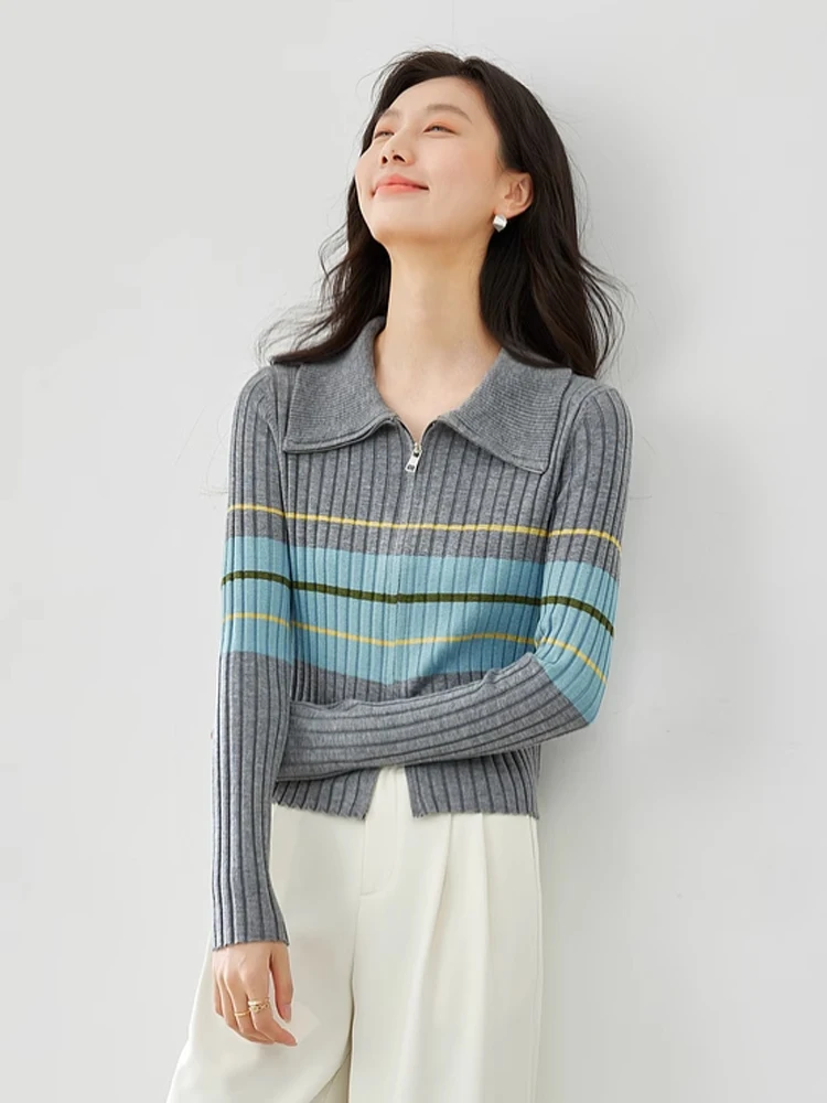 Vimly Grey Striped Wool Blend Knitted Cardigans 2024 Spring Lapel Zipper Slim Long Sleeve Knit Top Soft Female Knitwear 72722