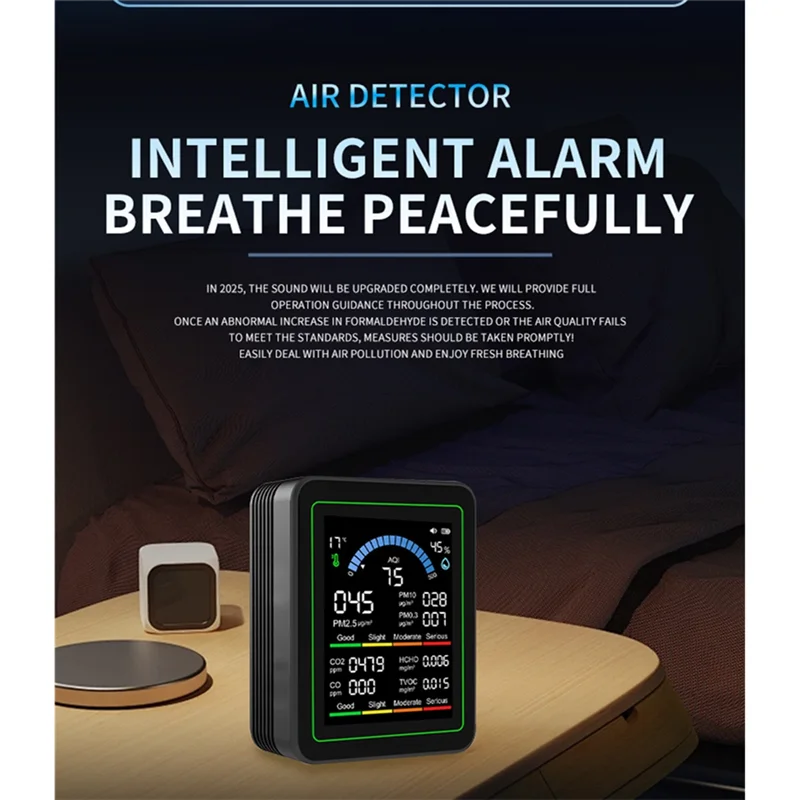 A10R 10 en 1 Monitor de calidad del aire interior C02 Temperatura Humedad HCHO TVOC PM2.5 PM10 CO Aql Medidor Monitor de formaldehído Negro