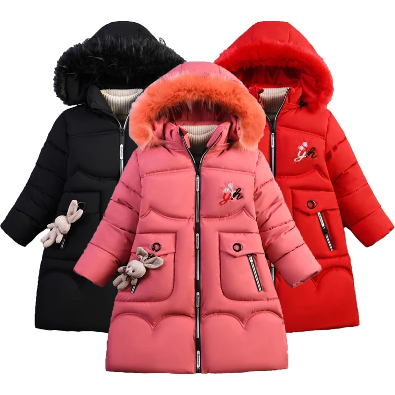 4 Color Big Size Winter Keep Warm Long Style Girls Jacket Teenage Thick Heavy Cold-proof Hooded Windbreaker Coat For Kids