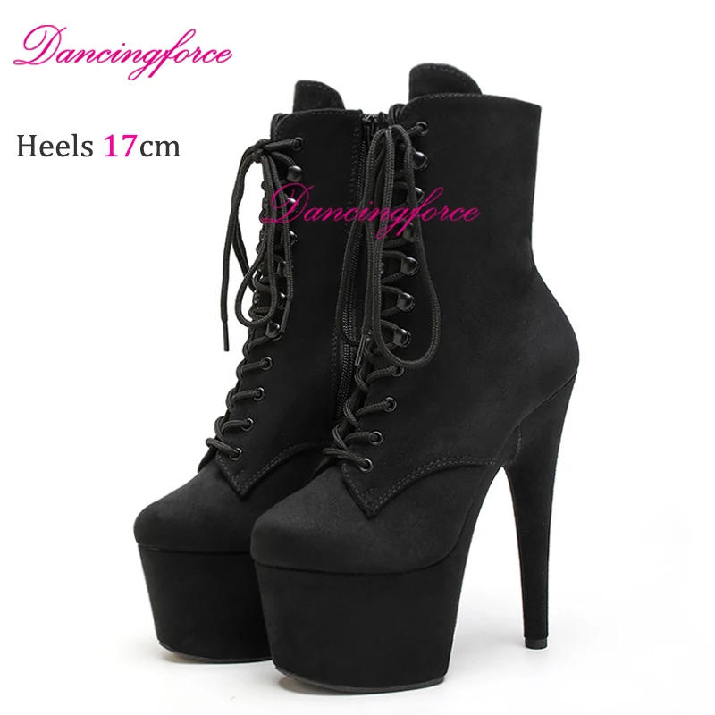 Sexy Exotic 17cm 7Inches Suede Ankle Boots Pole Dance Shoes Women Stripper High Heels Platform Round Head Lace-up Boots