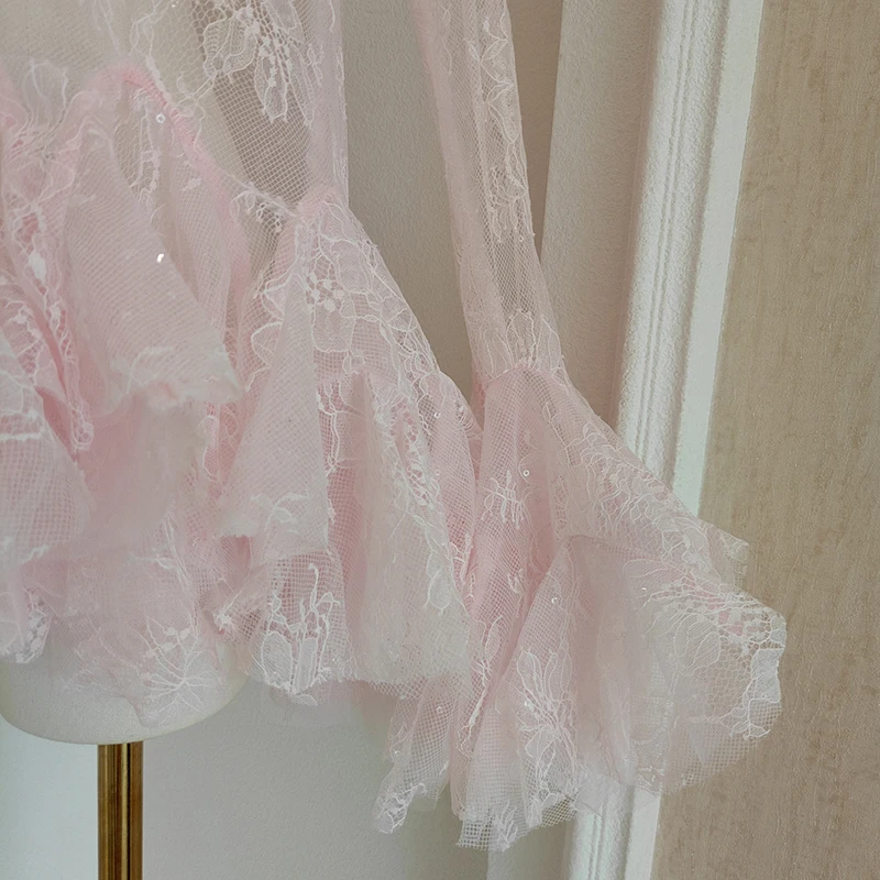 KBQ Solid Sheer Spliced ลูกไม้มินิเดรสเซ็กซี่สําหรับผู้หญิงแขนยาว Patchwork Ruffles พับชุดมินิหญิงแฟชั่น