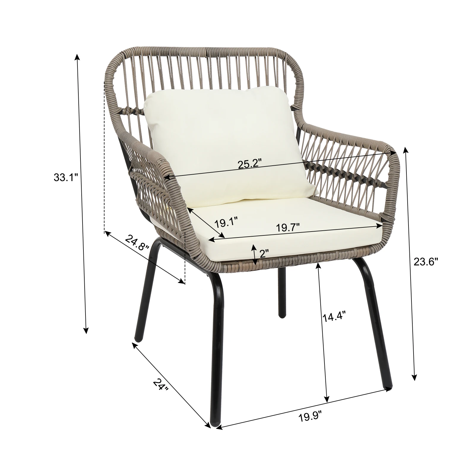 3-Piece Patio Wicker Conversation Bistro Set Steel Frame with 2 Chairs&Tempered Glass Top Side Table&Cushions Tan/Gray[US-Stock]