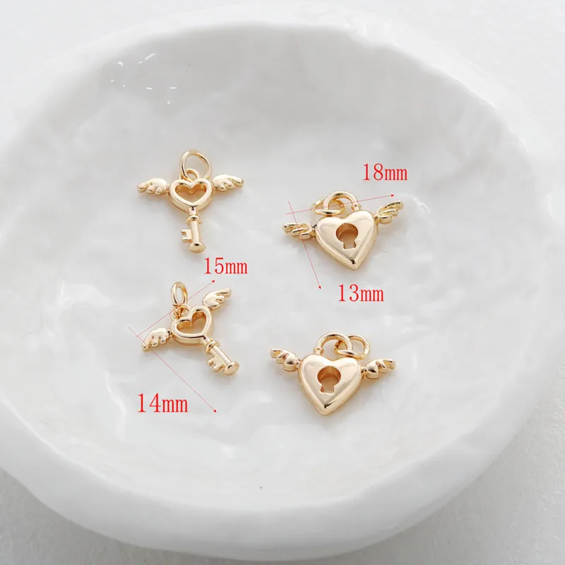 Colgante de llave con forma de corazón y alas chapado en oro de 14K, 13*18mm, dijes DIY para pulseras y collares