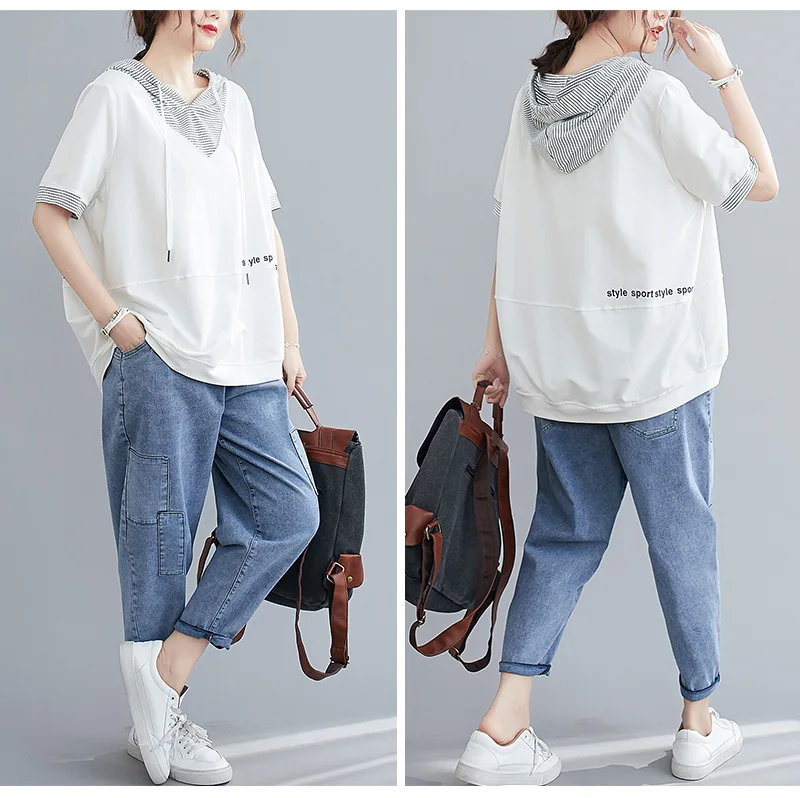 

Womens Short-sleeved Hoodies Oversized Korean Loose T-shirt Literary Striped Drawstring Hooded Stitching Printed T-shirt Summer