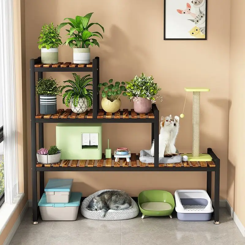 Cat litter box rack Cat wrought iron flower rack Solid wood large space Trapezoidal storage rack