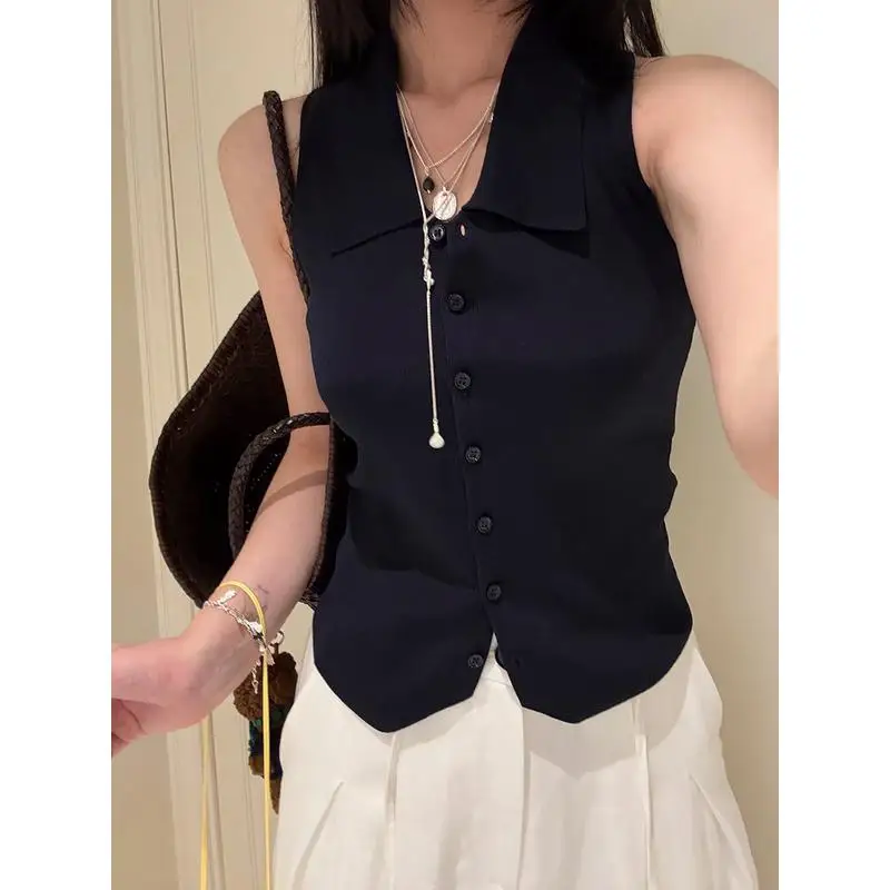 

Blues2025 Summer New Spicy Girl Turn-down Collar Svel Knitted Slim Fit Single Button Vest Y02 Ladies Faion Vest