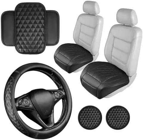 

Комплект 3D-чехлов из кожи для сидений и чехла на руль CAR PASS - полностью черный набор аксессуаров для интерьера автомобиля