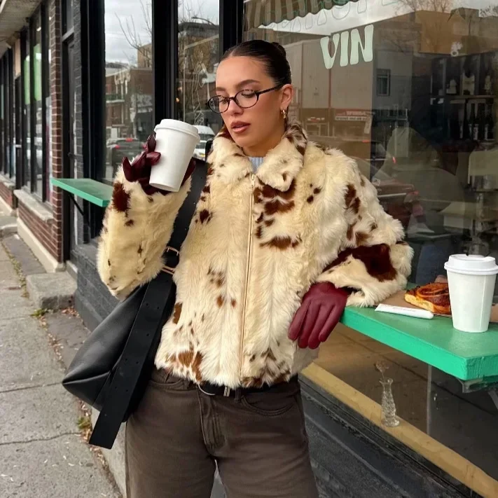 Leopard Print Faux Fur Jacket Women Turn Down Collar Full Zip 2026 Autumn Winter Cropped Loose Soft Warm Daily Wear Jacket