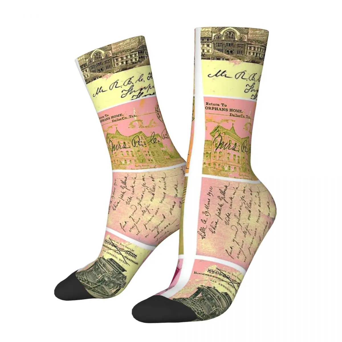 Old Postcards Vintage Writing Socks Harajuku Super Soft Stockings All Season Long Socks Accessories for Unisex Christmas Gifts