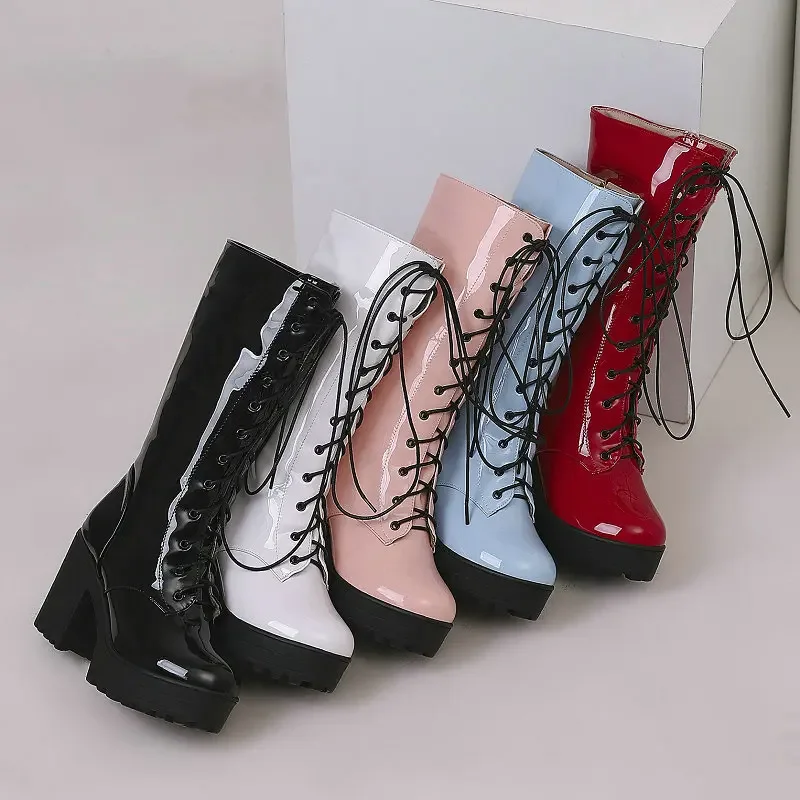 

Shiny Patent Leather Blue Red Lace-up Mid-calf Women's Boots Winter Faux Fur Lined Warm Platform Shoes Square Chunky High Heels