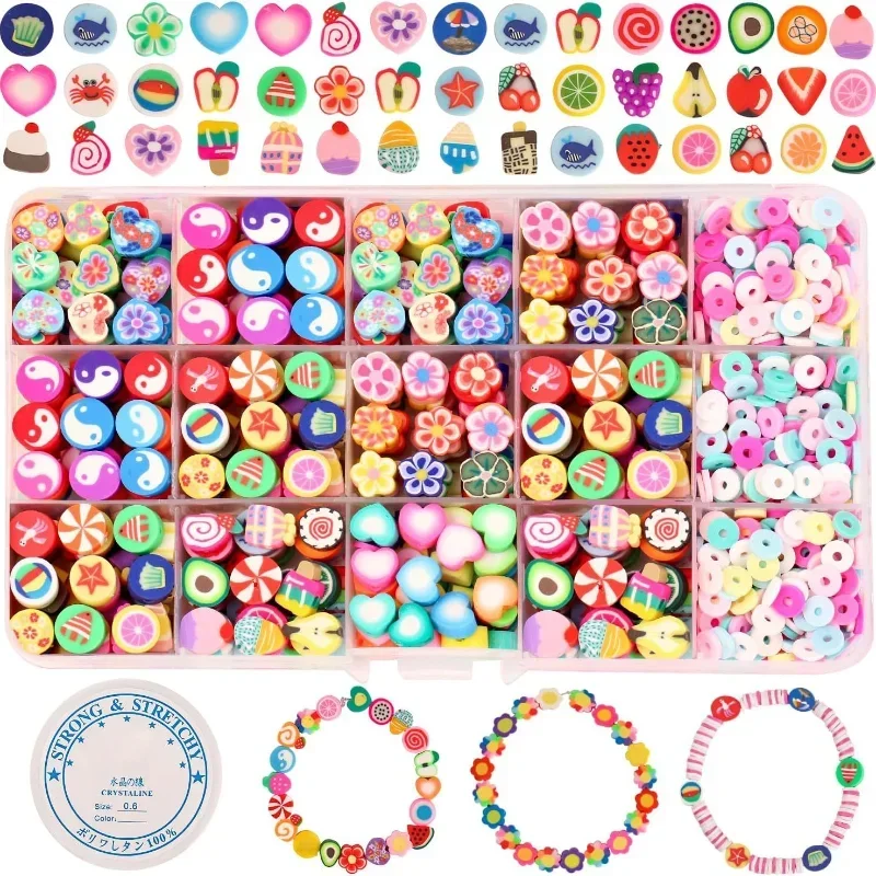 

1230pcs Soft Pottery Perforated Beads Love Fruit Flower Jewelry Set Box DIY Children Jewelry