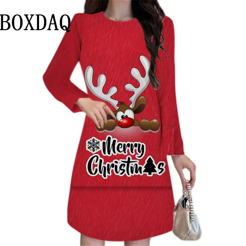 Funny Christmas Elk Women Dress Autumn Winter Fashion Letter Print A-Line Dress Casual Festival Party Long Sleeve Loose Clothing