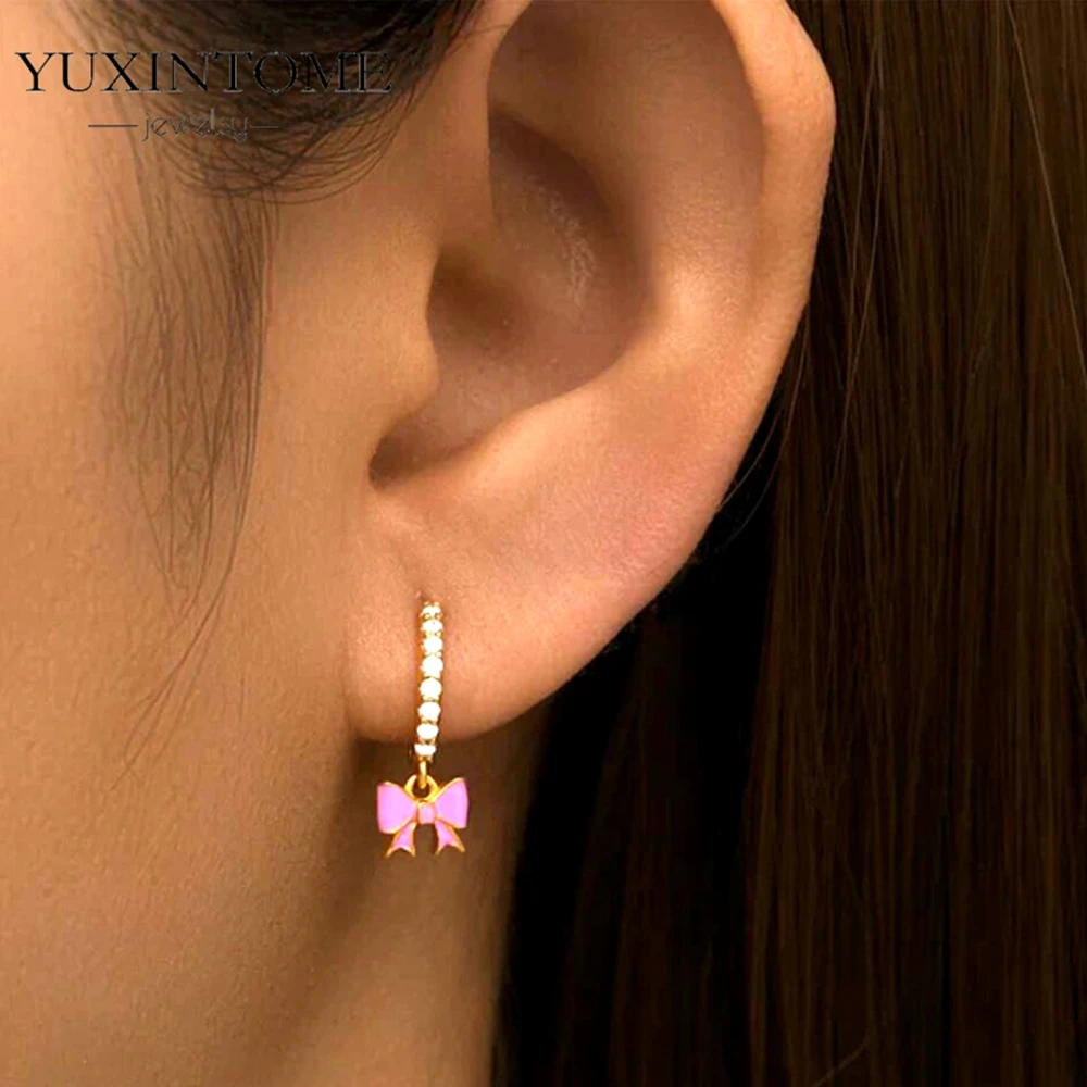 925 Sterling Silver Needle Trendy Pink CZ Enamel Piercing Hoop Earrings for Women Smiling Heart Huggie Earrings Fashion Jewelry