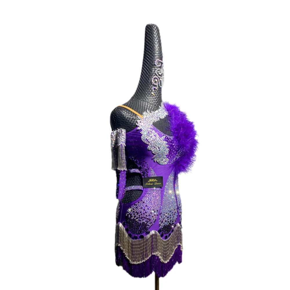 الراقصات اللاتينية، البالغين، الأطفال، فستان زهرة قطيفة أرجواني مخصص عالي الجودة، فستان أداء تانجو سامبا AB Stone #5