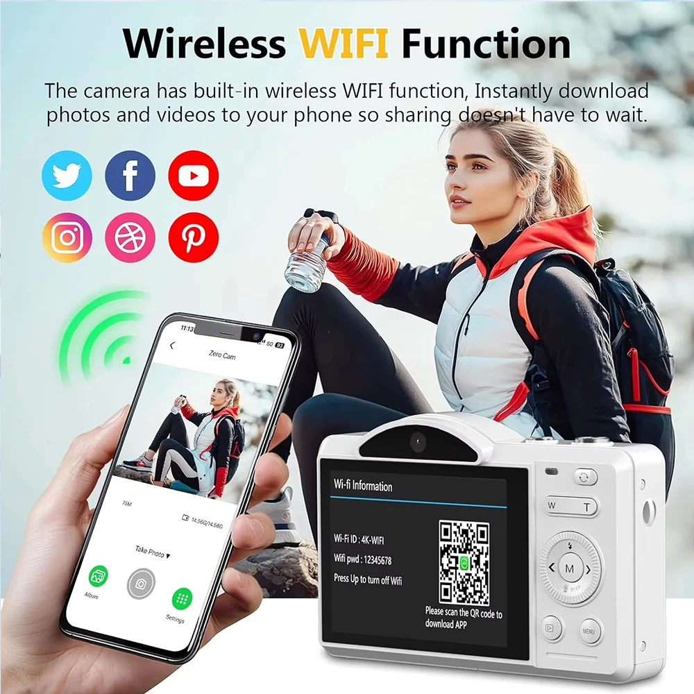 5K 75MP Student Digital Camera with Dual Selfie Lens Autofocus WiFi Compact Camera for Teens Portable Beauty Cam for Travel Vlog