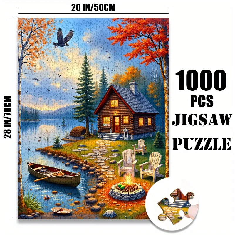 500 또는 1000피스 대형 직소 퍼즐 - 가을 잎사귀가 있는 호숫가 통나무집 가을 풍경, 성인용 긁힘 방지 종이 퍼즐