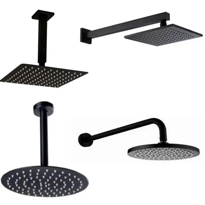 

Black Round and Square Rain Shower Head Ultrathin 2 mm 8 10 12 16 Inch Choice Bathroom Wall & Ceiling Mounted Shower Arm