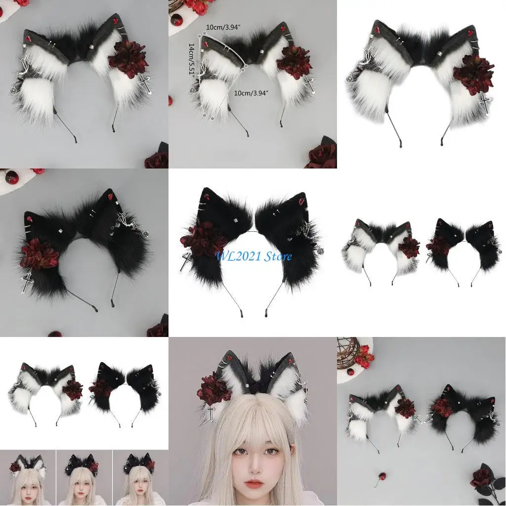 

G5GC Adult Cartoon Wolf Ear Headband with Flower&Earring Halloween Hair Hoop