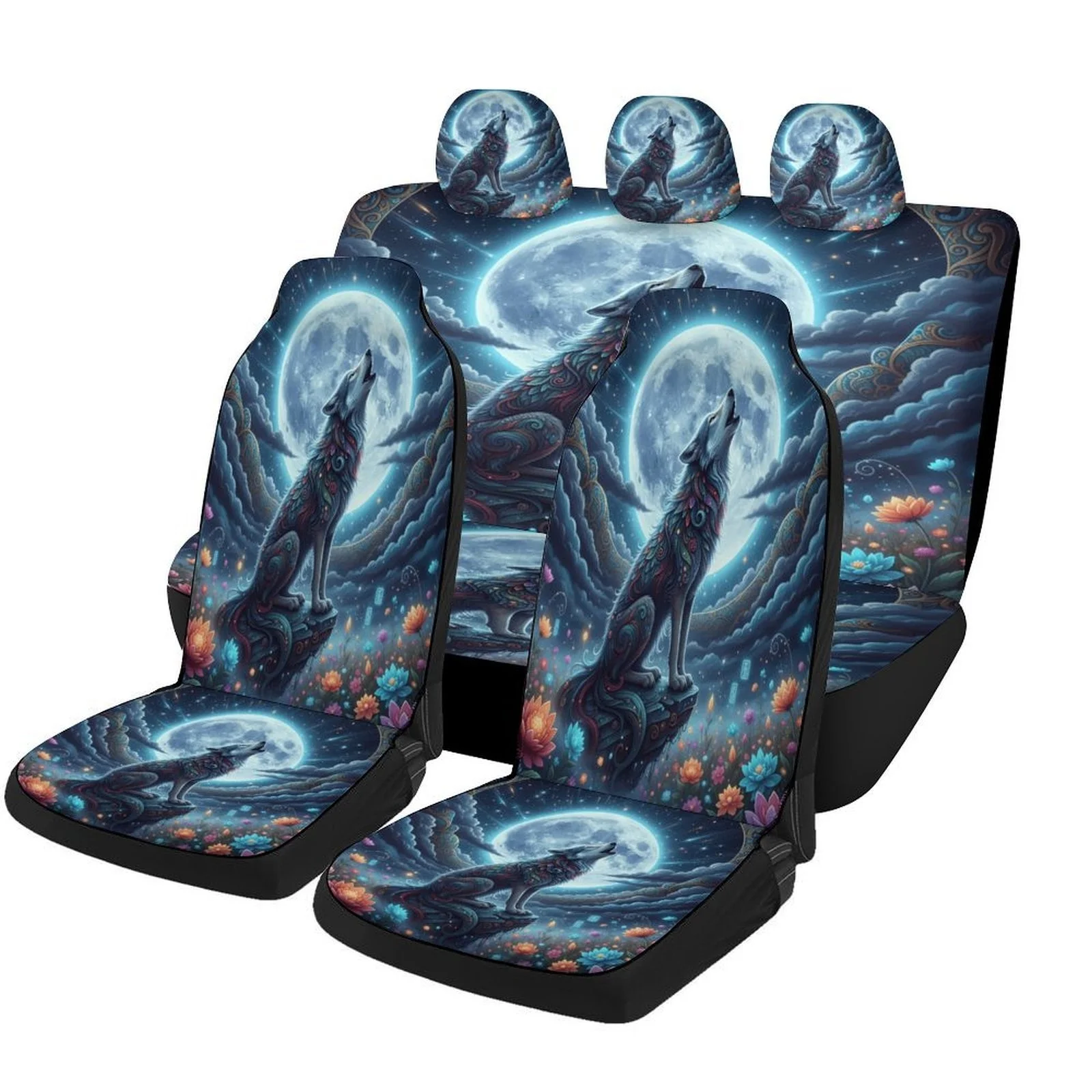 Lunar Howl Fantasy Themed Car Seat Cover Set - Full Set For 2 Front & Rear Seats, High-Quality Polyester, Machine Washable, All-