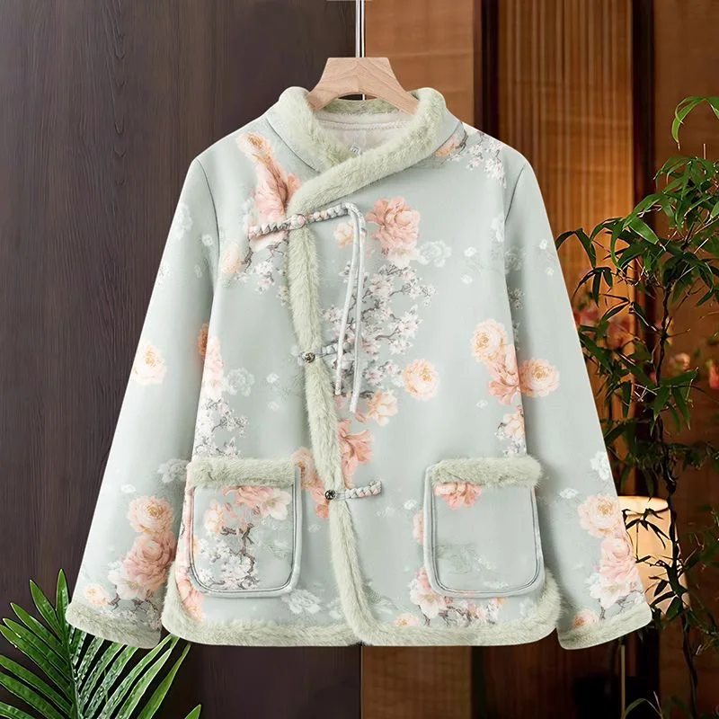 Vintage Floral Print Tang Anzug Jacke Winter Neue Frauen Baumwolle gefütterte Kleidung Warme Mantel Damen Stepp Cheongsam Tops 2024 neue