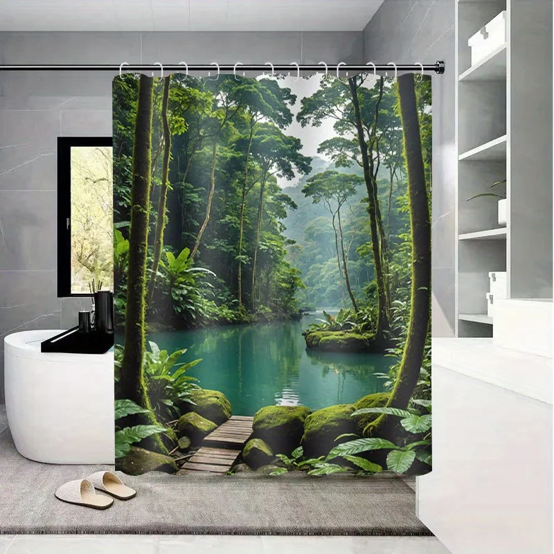 2D Flat, JIT1P Forest Pattern 2D Flat Shower Curtain, High-end Elegant Bathroom Curtain Shower Curtain, Shower Curtain Home Deco