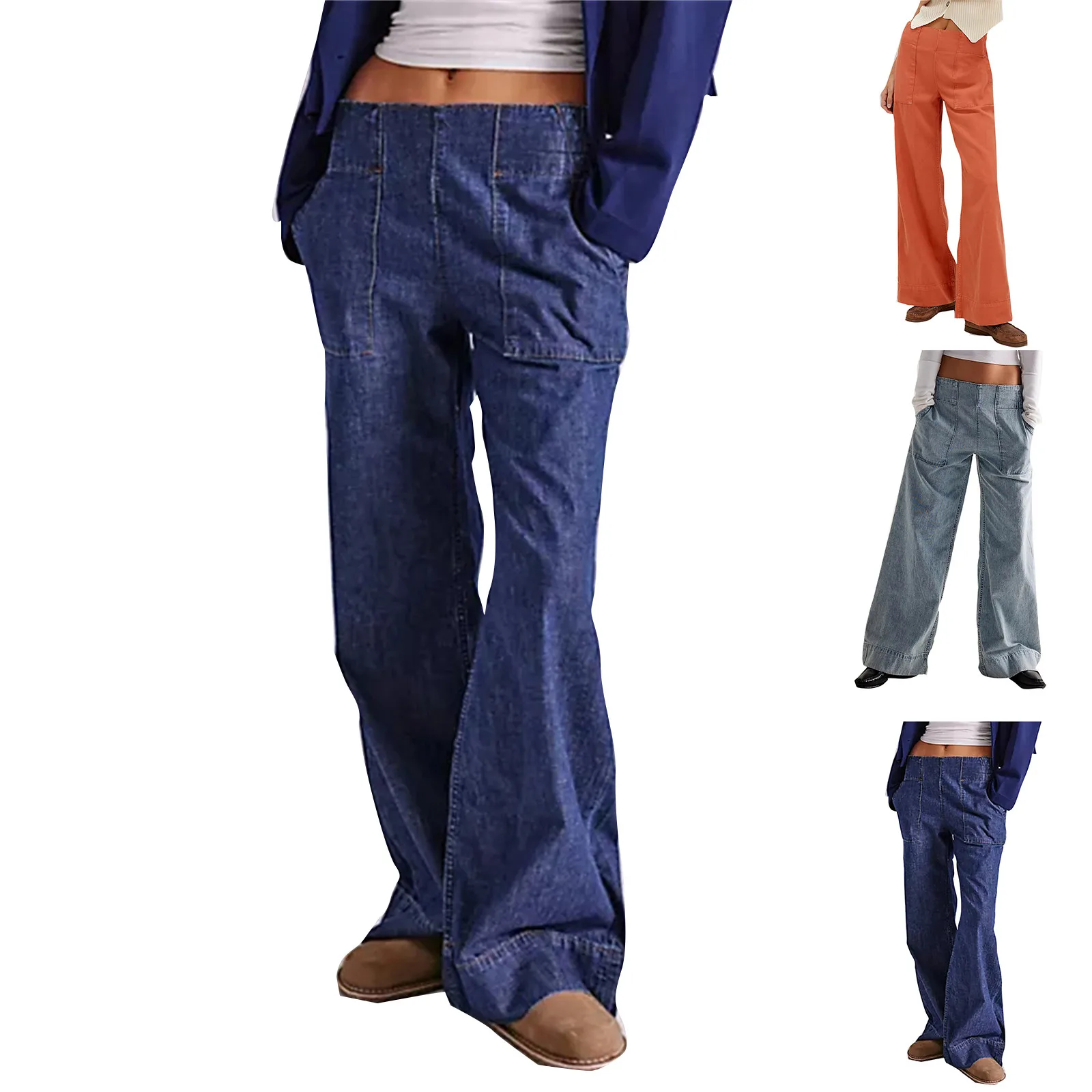 

Wide Leg Jeans Stretchy Mid Elastic Waist Jeans Baggy Loose Denim Pants With Pockets Trendy Casual For Women