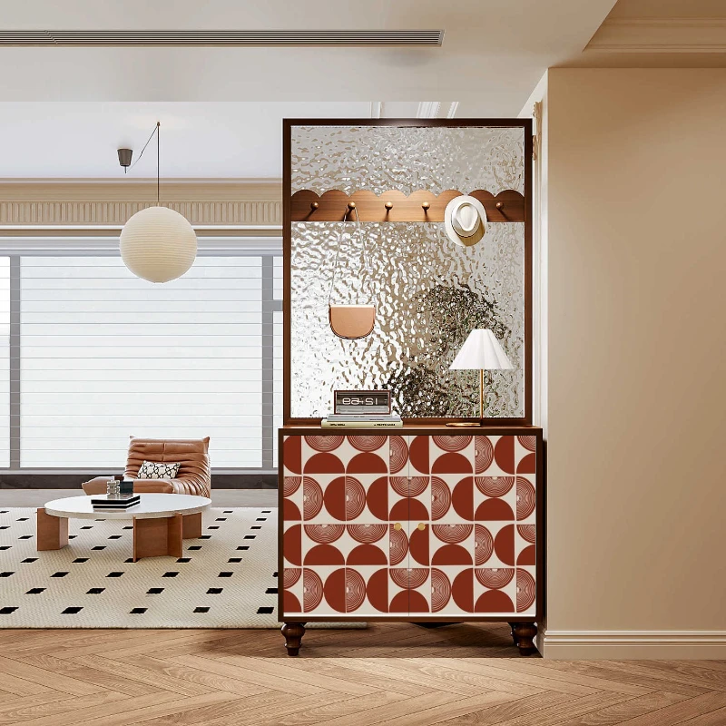 

French retro geometric entrance cabinet solid wood water pattern entry door screen partition storage