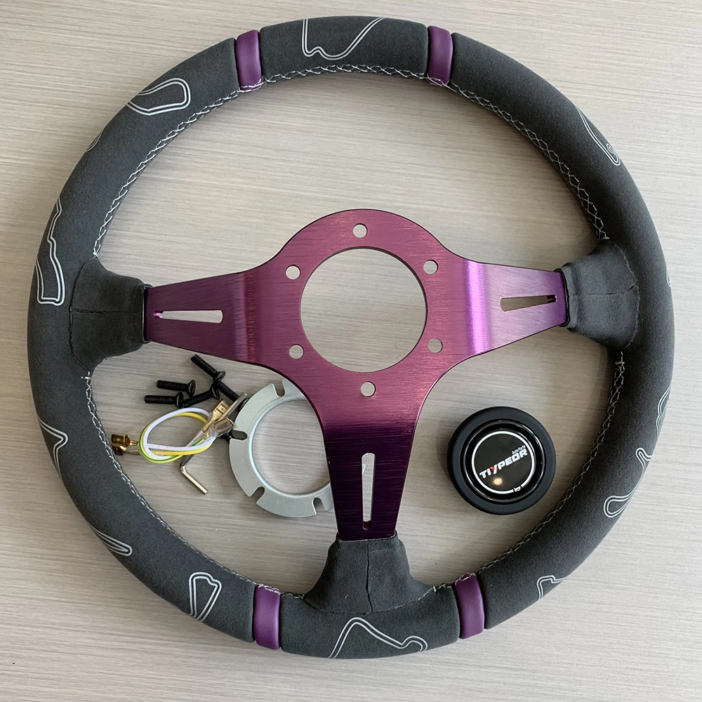 TIYPEOR 14 inch 350mm Embroidered Steering Wheel JDM style Suede Purple Support Carving Steering Wheel