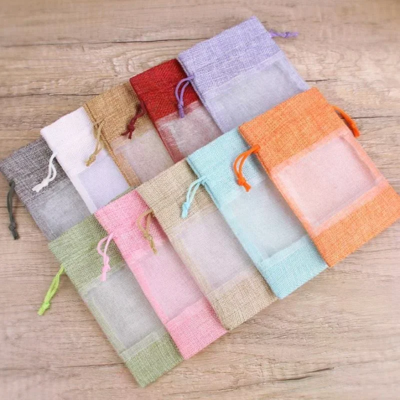 2Pcs Gift Package Drawstring Bags With Organza Window Jute Burlap Wedding Party Favors Christmas Small Pouches Storage Organizer