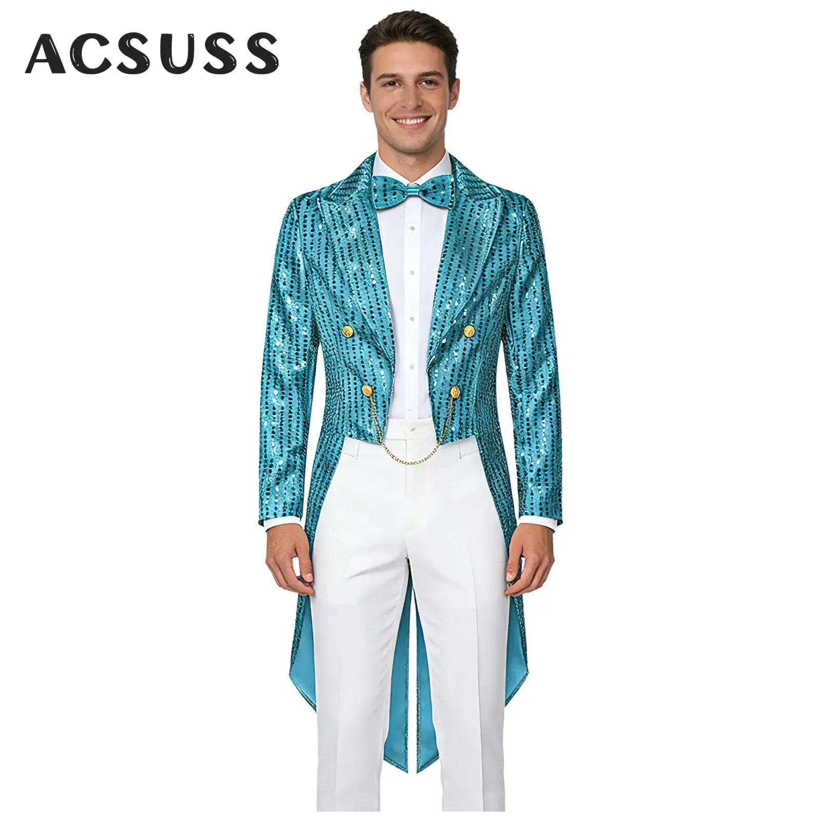 

Мужской пиджак-фрак для Хэллоуина в стиле циркового фокусника/мага, с пайетками, на пуговицах спереди, с длинными рукавами и галстуком-бабочкой, для карнавальных вечеринок