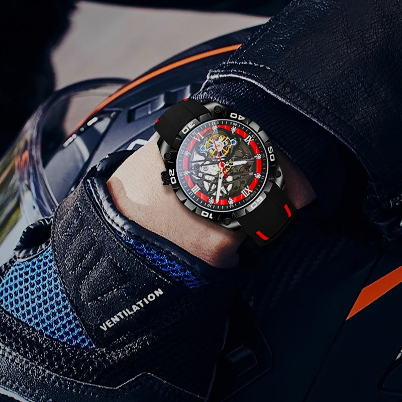 Men's Skeleton Dial Watch Black Red Analog Wristwatch Roman Numeral Sport Style Flexible Strap Gift