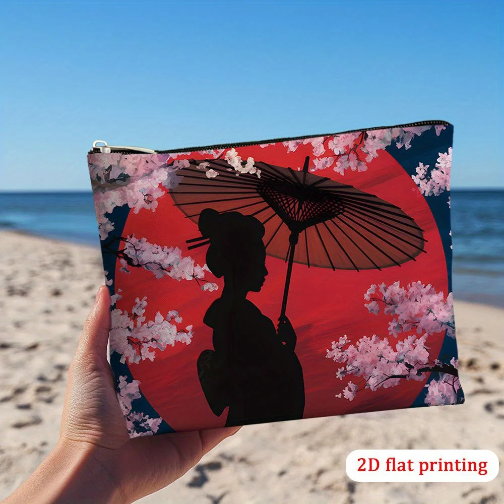 1pc Japanese Geisha and Umbrella Cosmetic Bag for Women - Spacious Makeup Organizer with Design, Durable, Ideal Gift, 2D Flat