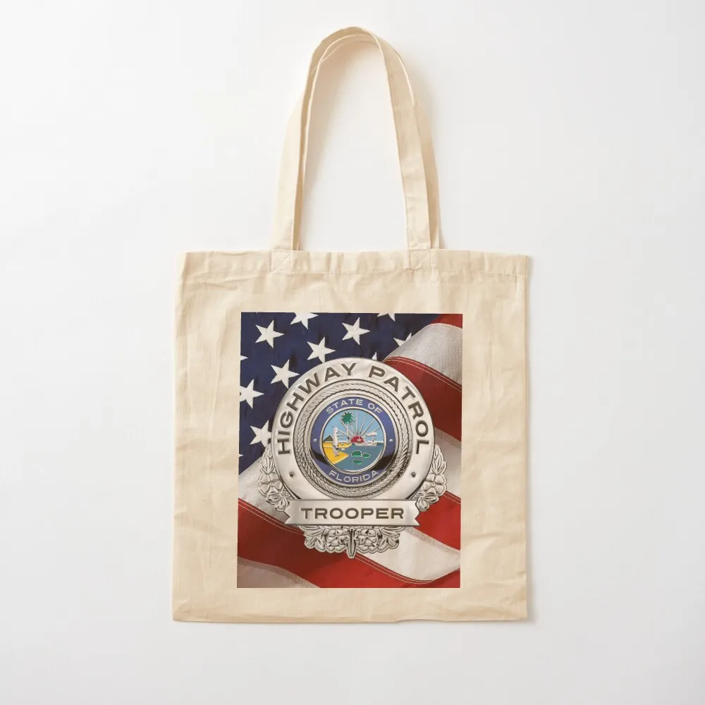 Florida Highway Patrol - FHP Trooper Badge over American Flag Tote Bag