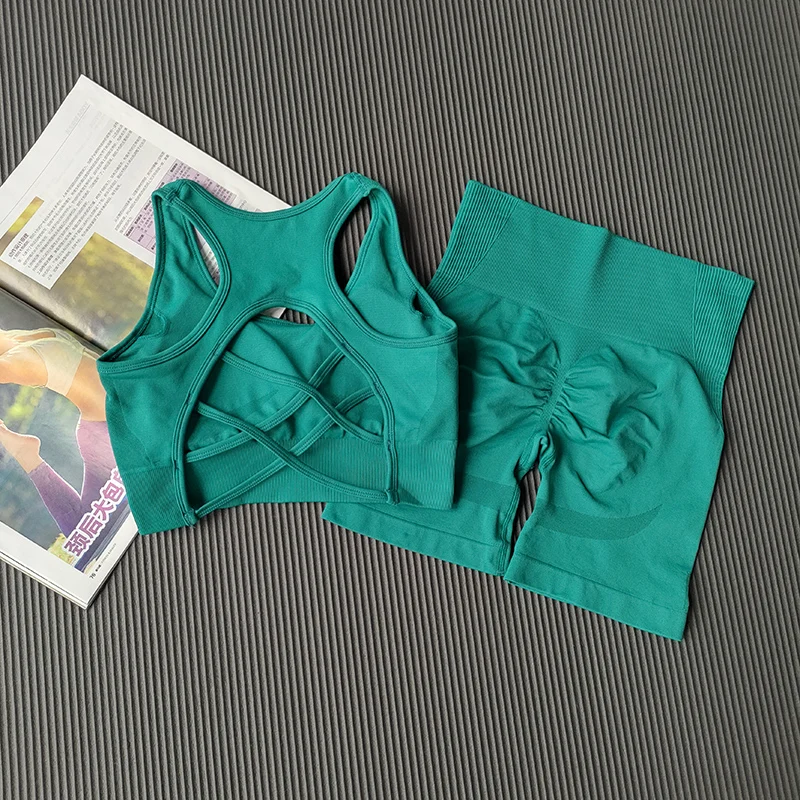 Pfirsichfarbenes Damen-Set mit High-Waist-Shorts und BH, Po-Lifting-Fitness-Set, geraffter Rücken, Yoga-Anzug, eng anliegend für Lauf- und Trainingsübungen – Detail 20