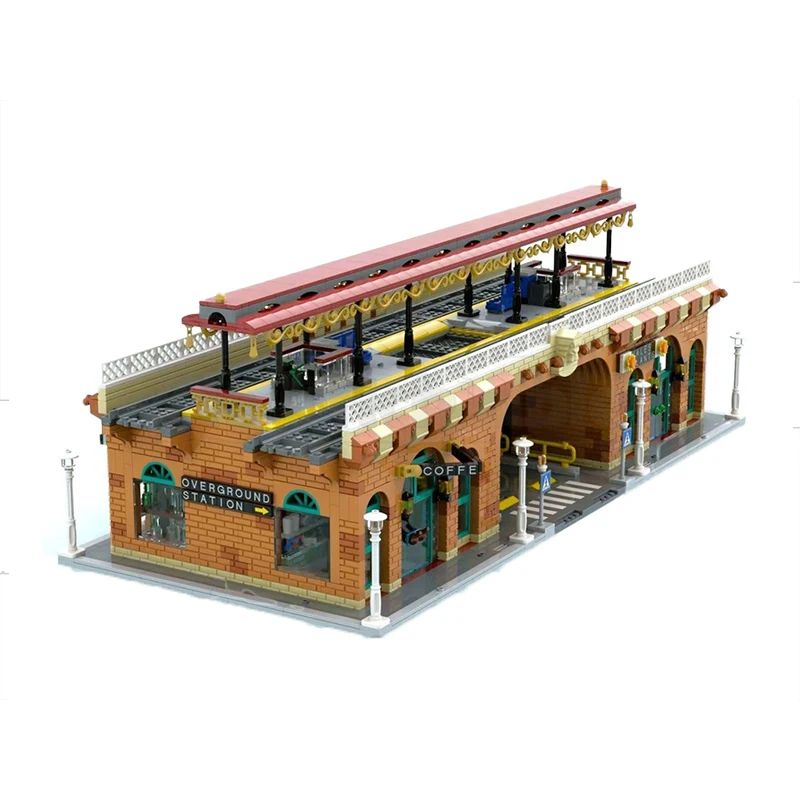 MOC Overground Station Dubbele sporen Model Street View Hoekbouwstenen Modulaire Architectuur Baksteen Gemonteerd Speelgoed Kerstcadeau