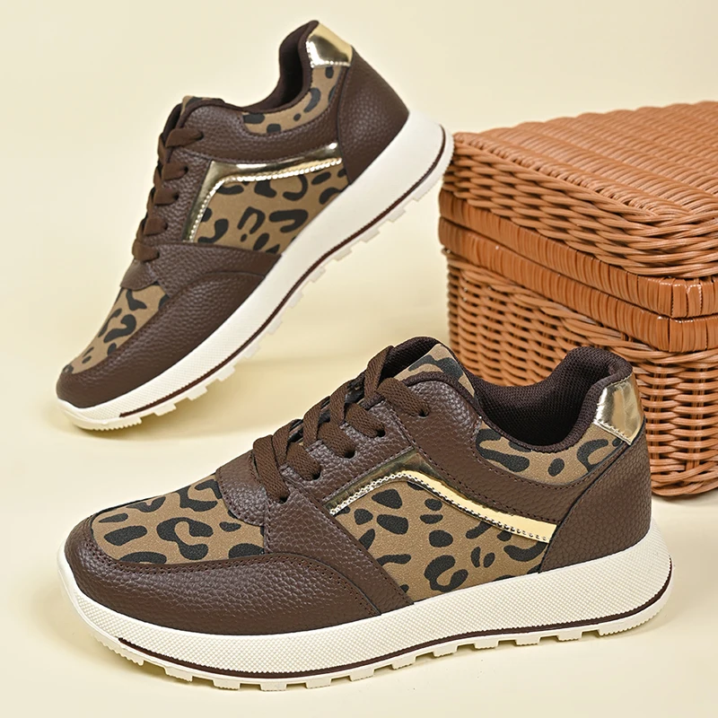 Zapatillas de deporte con plataforma de leopardo para mujer, zapatos informales de tendencia para exteriores, cómodas zapatillas planas con cordones, zapatillas deportivas para correr y tenis para mujer 41