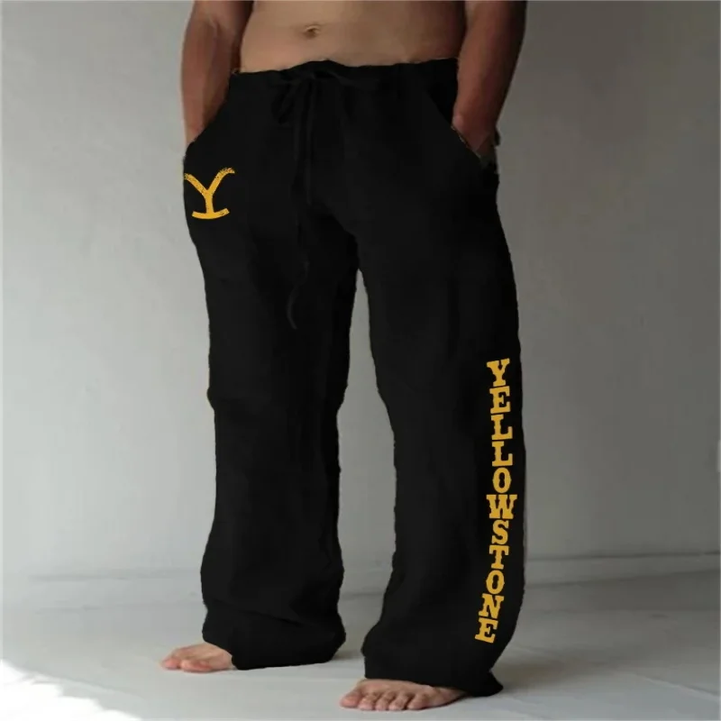 

Spring men's 3D English print fashion straight leg pants, men's daily retro loose wide-leg pants, can be worn at home vacation